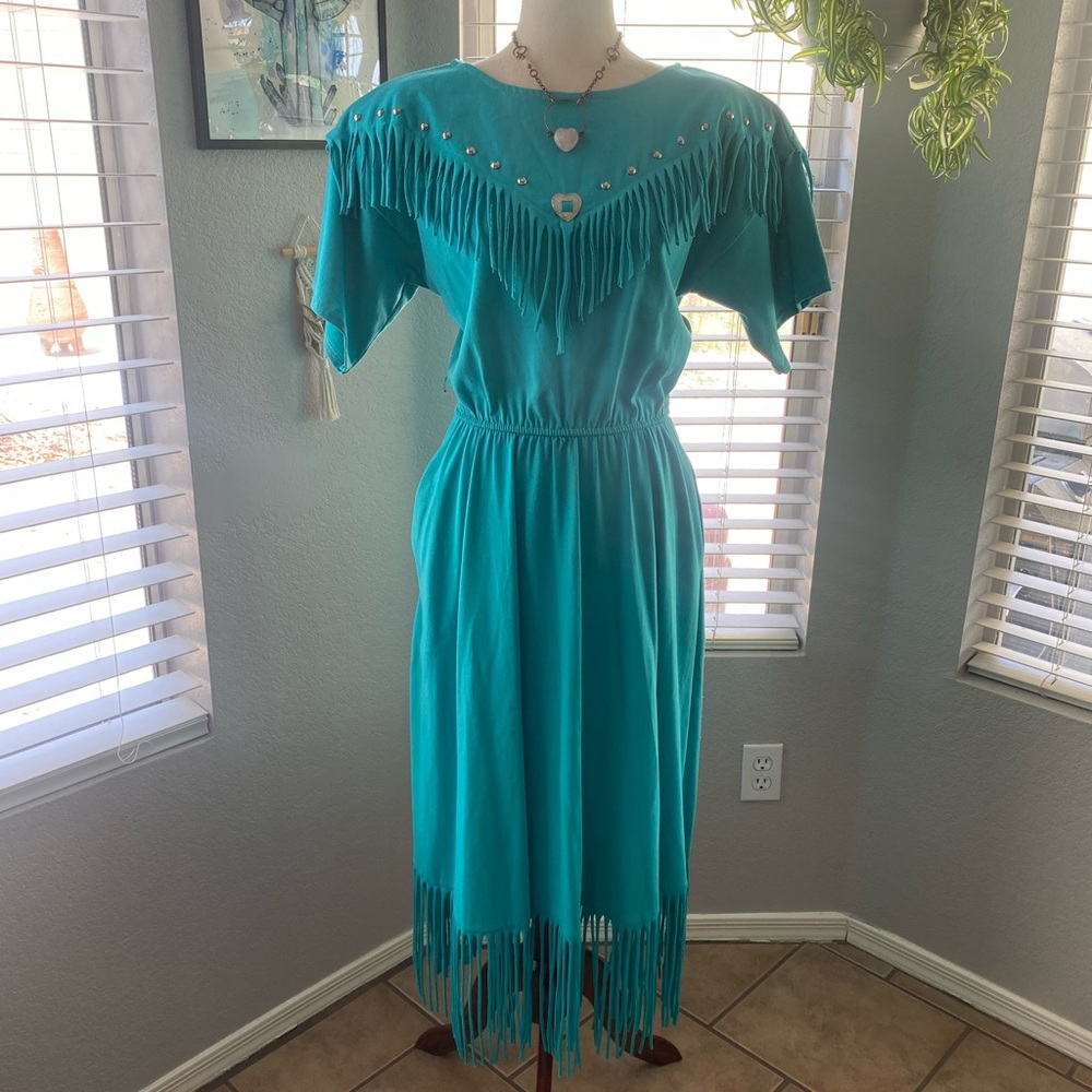 Vintage Turquoise Western Fringe Dress